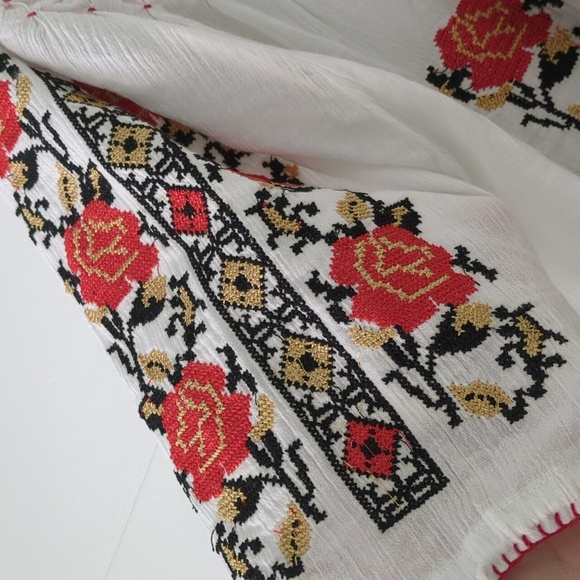 Embroidered Gauzy White Blouse with Red Floral Authentic Design Peasant Boho - Picture 4 of 7